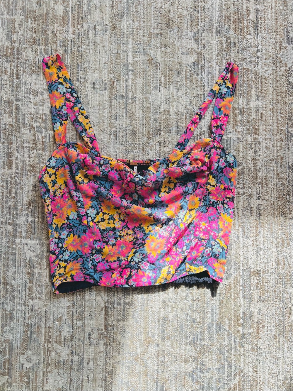 Free People Bright Floral Cowl Crop Top in Pink, Yellow & Blue